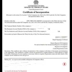 Certificate of Incorporation - One Person Company