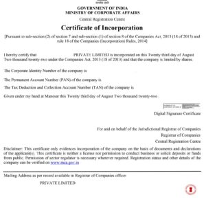 Certificate Of Incorporation-Pvt. Ltd. Company